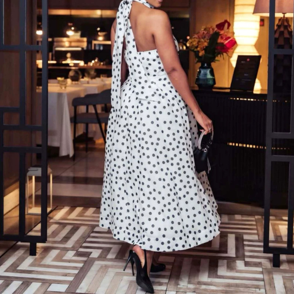 African French Sexy Halter Bow Polka Dot Maxi Dress